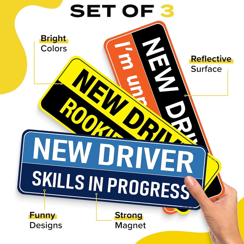 HEY-OKEY 3-Pack New Driver Magnet for Car – Metal Only (Not for Plastic/Aluminum) – Funny Please Be Patient Reflective Magnetic Bumper Sticker – Removable Rookie Safety Signs – 10 x 3.5 in - Image 2